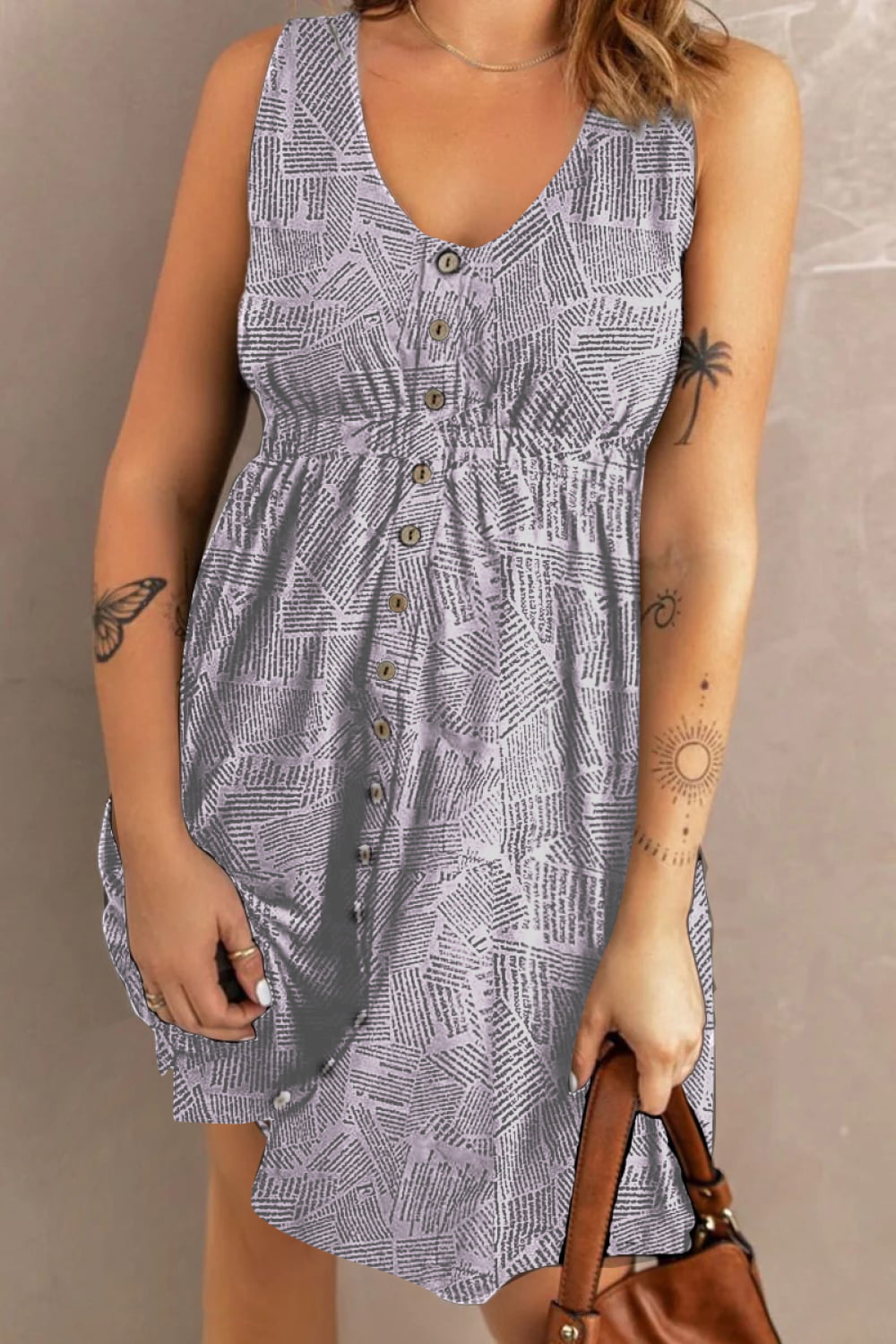 Printed Scoop Neck Sleeveless Buttoned Dress