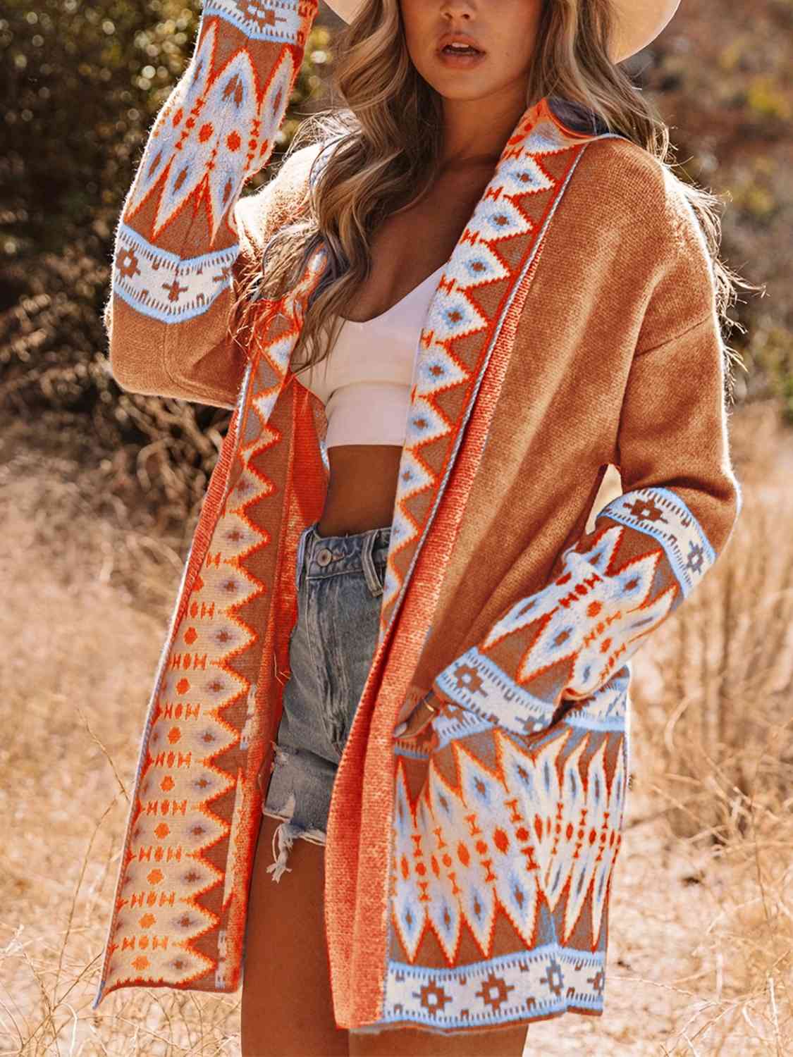 Plus Size Geometric  Open Front Cardigan with Pockets