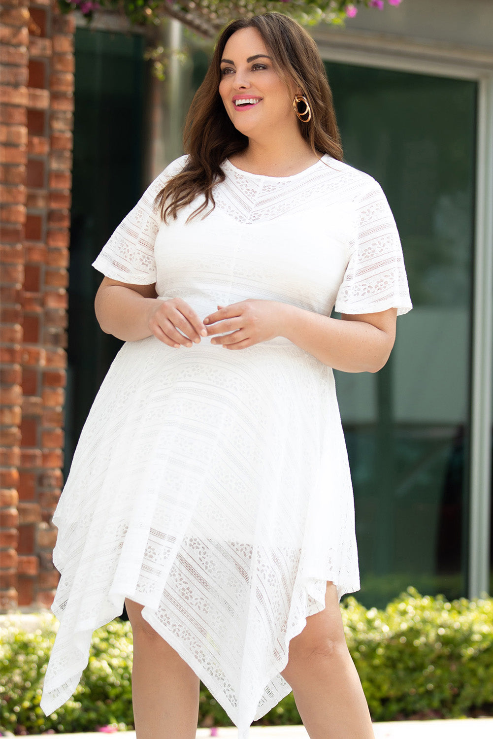 Plus Size Round Neck Short Sleeve Lace Trim Dress