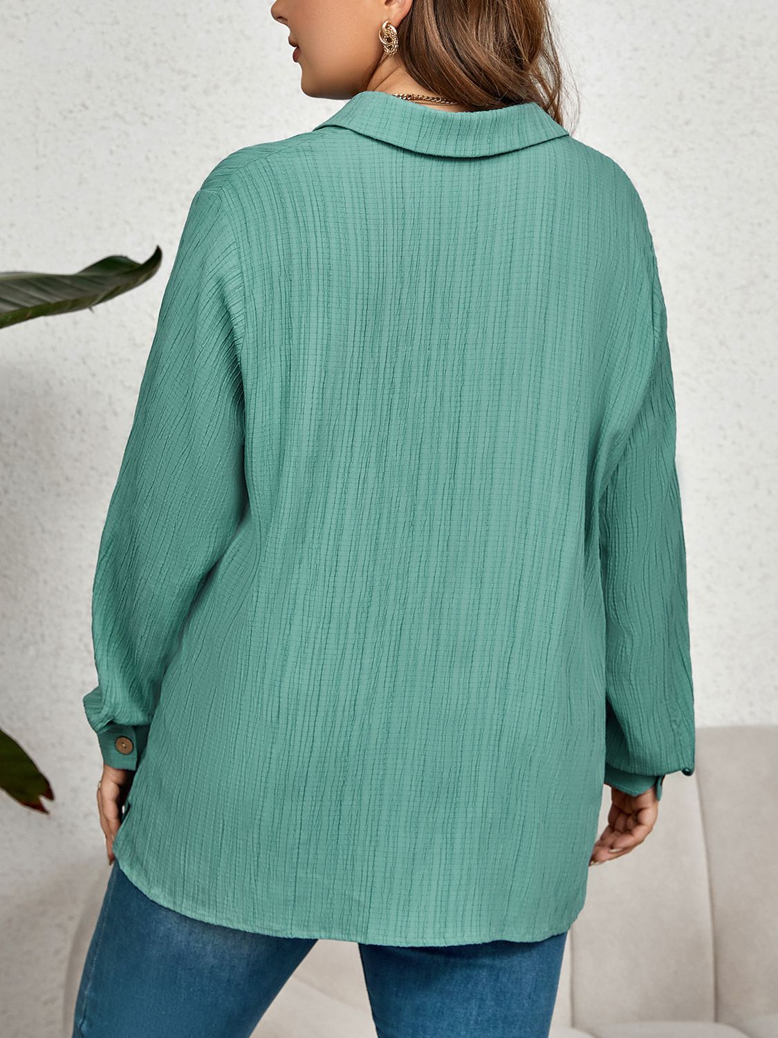 Plus Size Collared Neck Long Sleeve Shirt