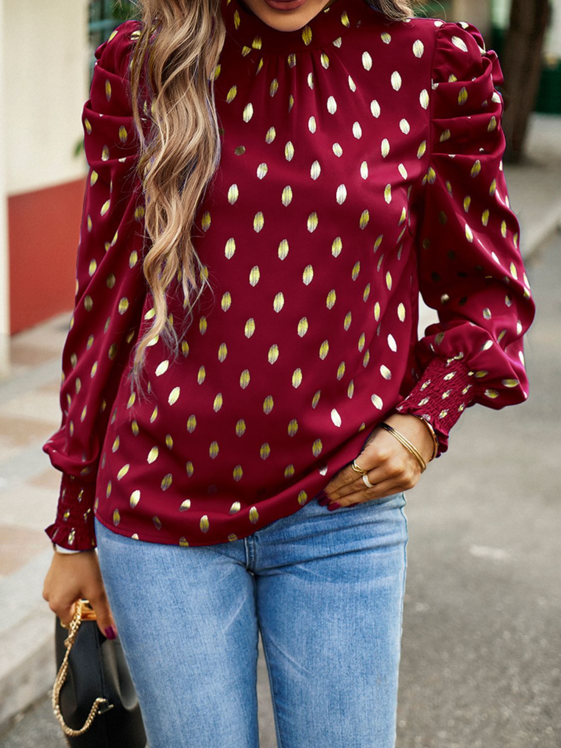 Printed Mock Neck Lantern Sleeve Blouse