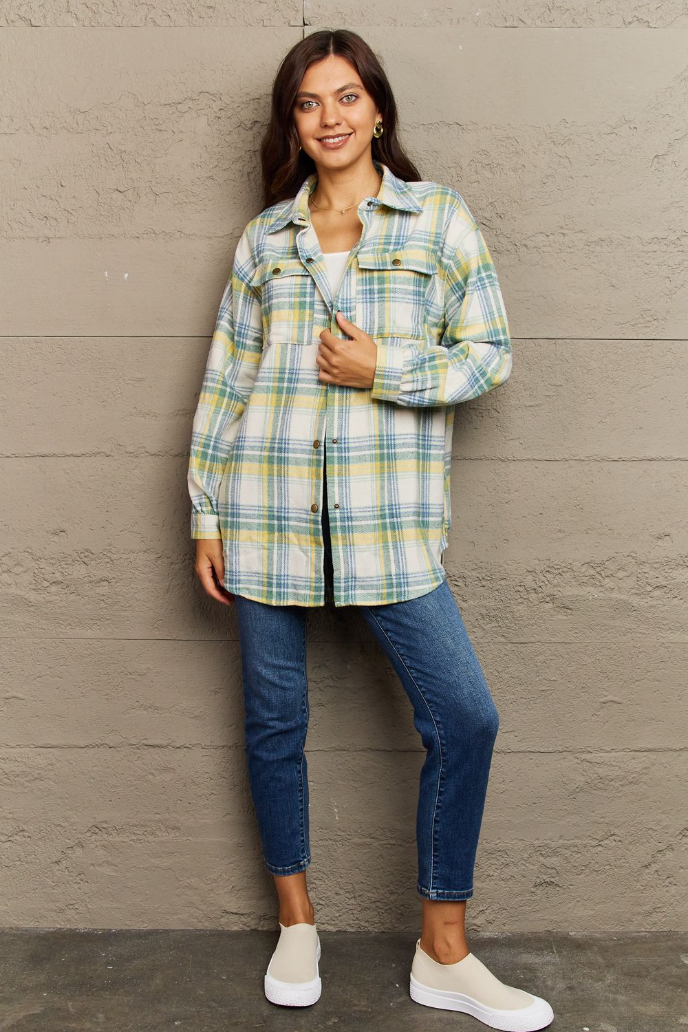 Full Size Plaid Collared Neck Button-Down Long Sleeve Jacket