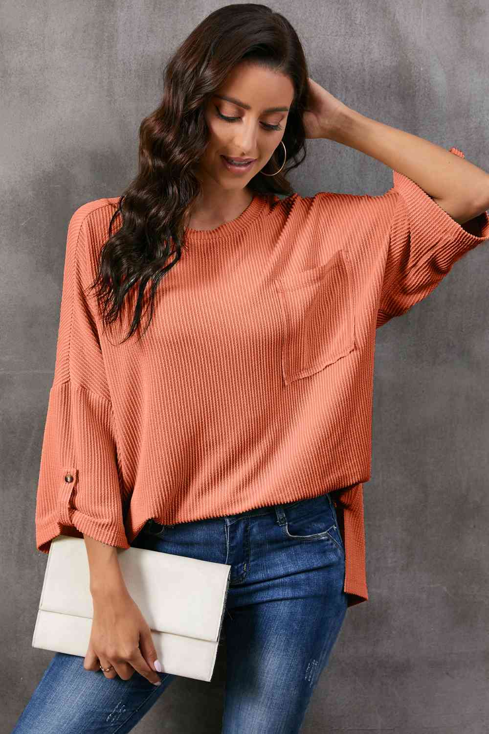 Round Neck Slit Roll-Tab Sleeve T-Shirt