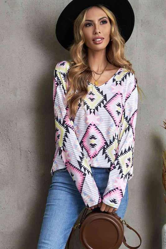 Geometric V-Neck Long Sleeve T-Shirt