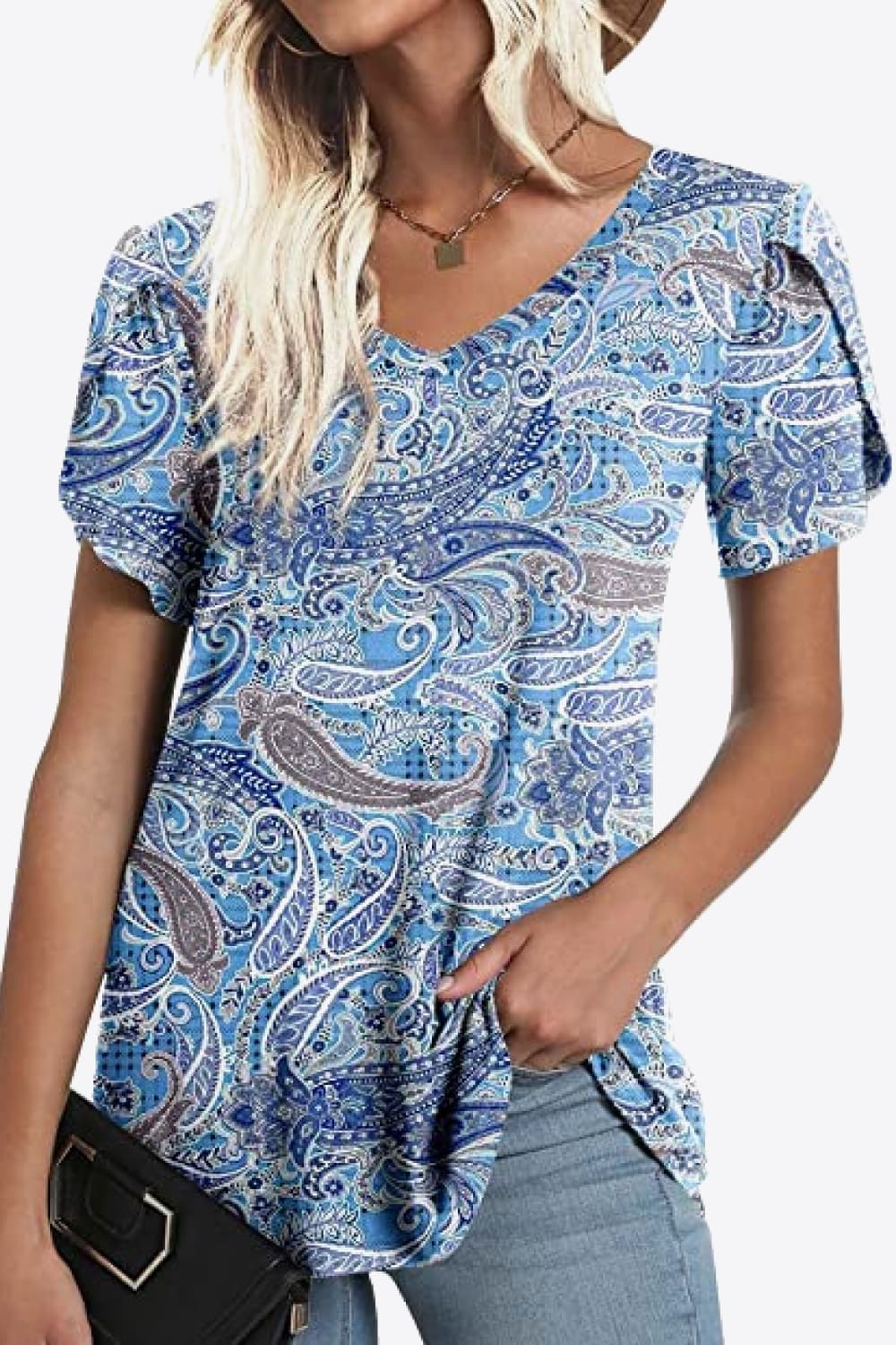 Printed Petal Sleeve V-Neck Blouse