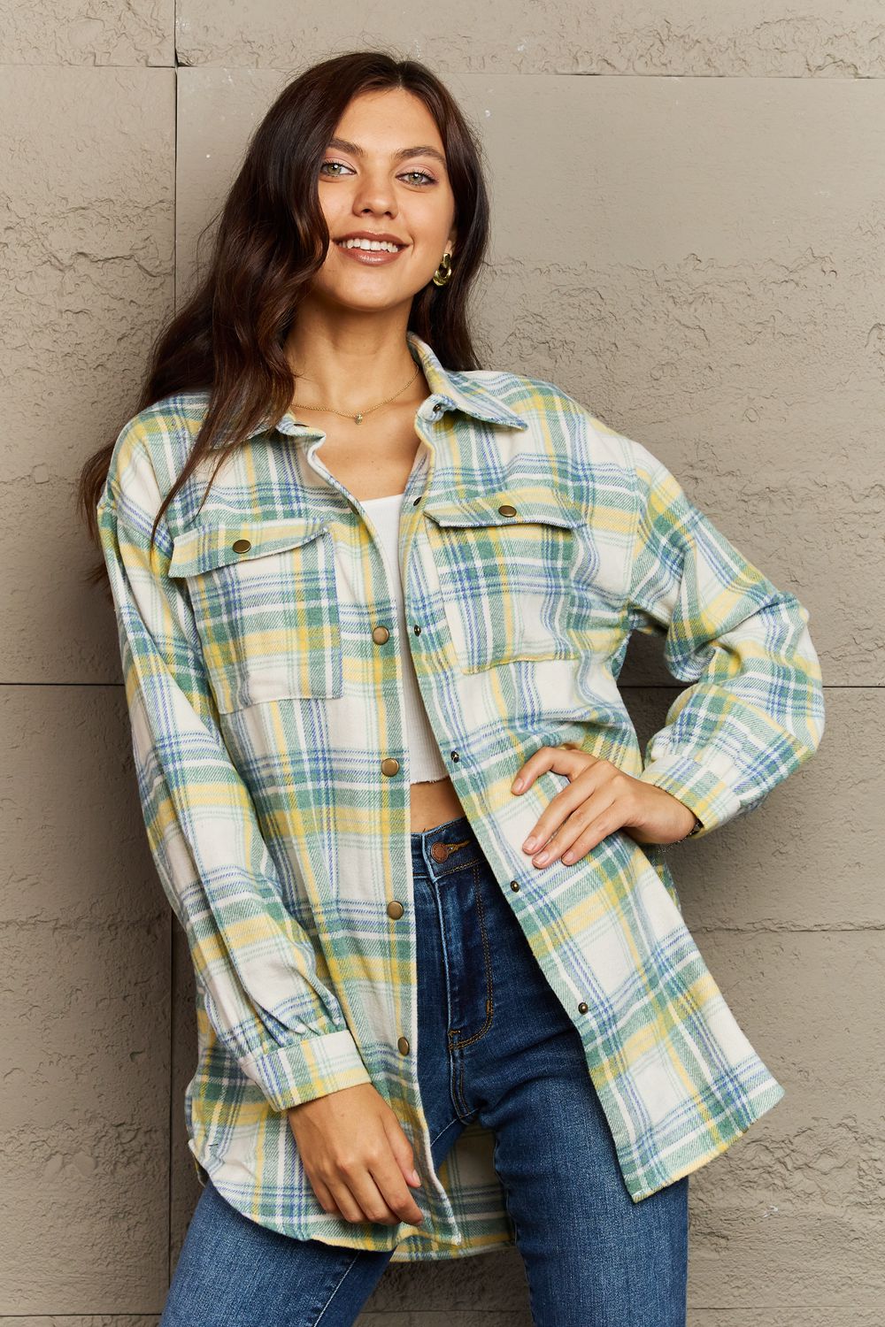 Full Size Plaid Collared Neck Button-Down Long Sleeve Jacket