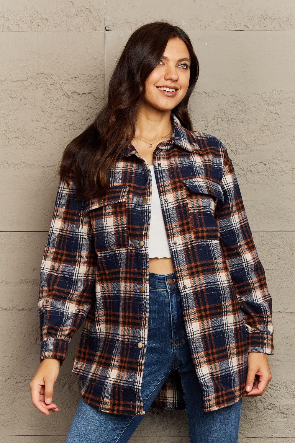 Full Size Plaid Collared Neck Button-Down Long Sleeve Jacket