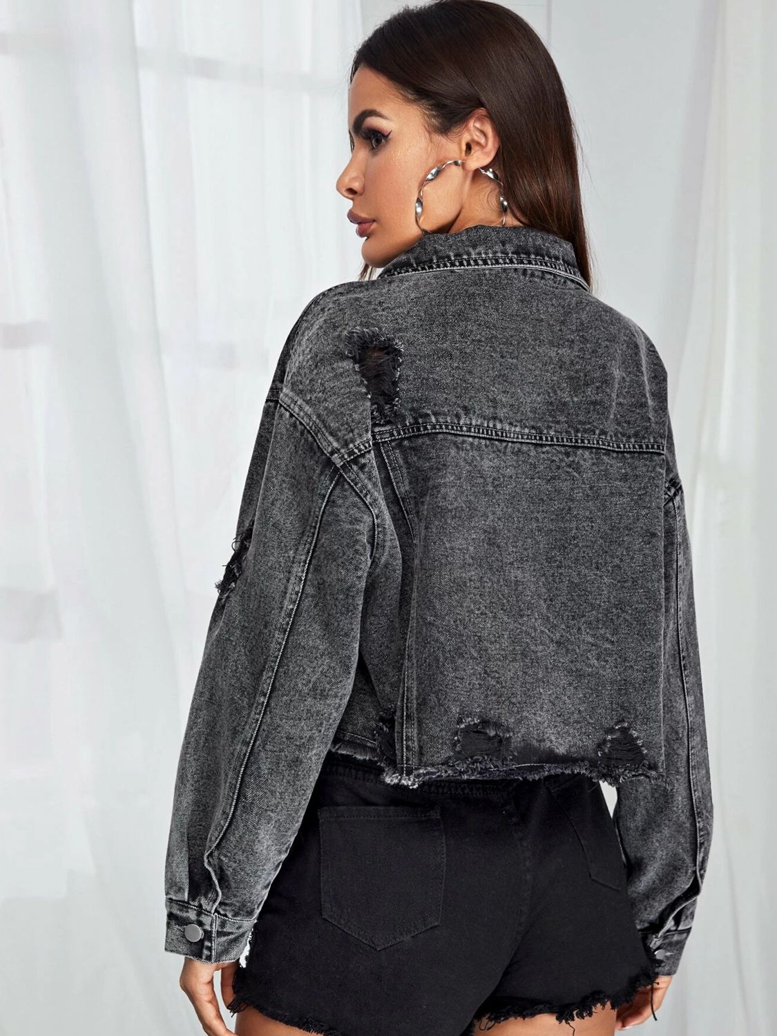 Dropped Shoulder Collared Neck Denim Jacket