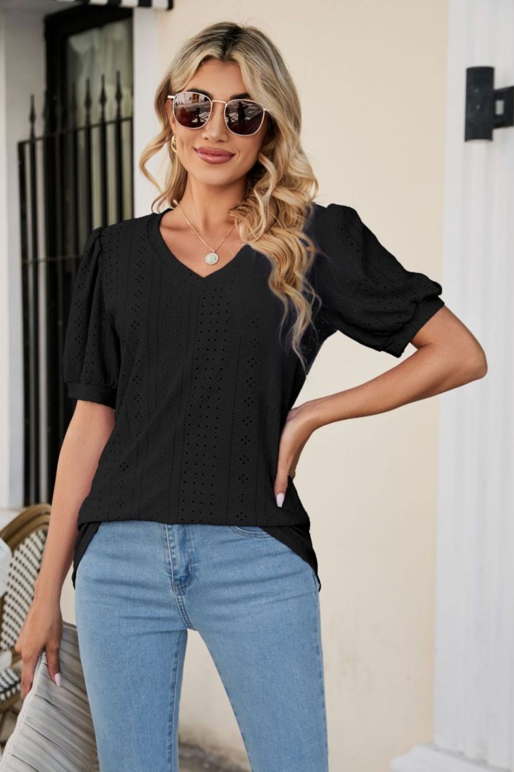 Eyelet Puff Sleeve V-Neck Top