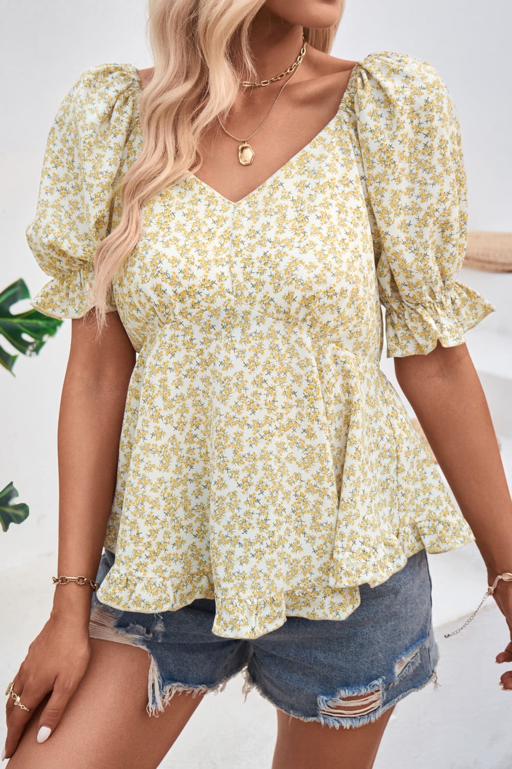 V-Neck Flounce Sleeve Blouse