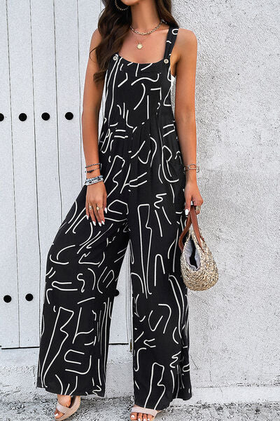 Printed Wide Strap Jumpsuit with Pockets