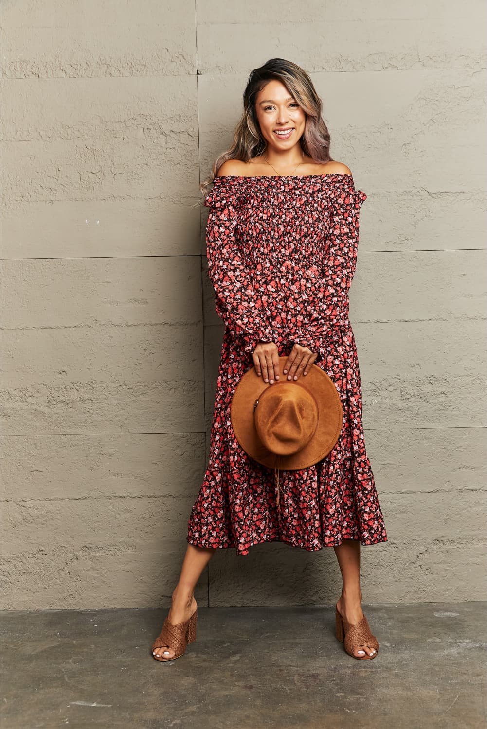 Off-Shoulder Long Sleeve Midi Dress