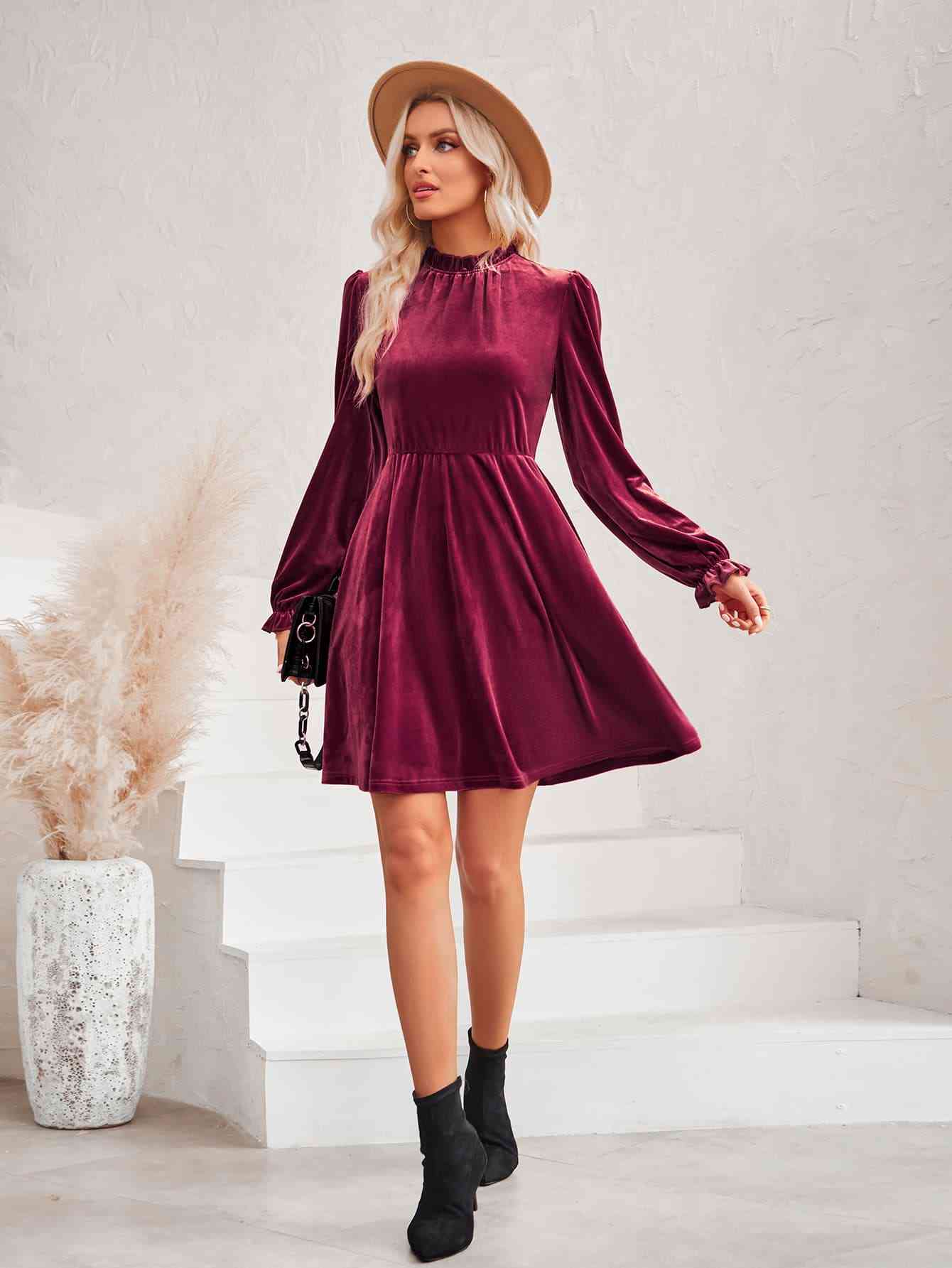 Long Flounce Sleeve A-Line Dress