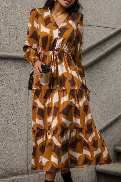 Printed Tied Pocketed Lantern Sleeve Dress