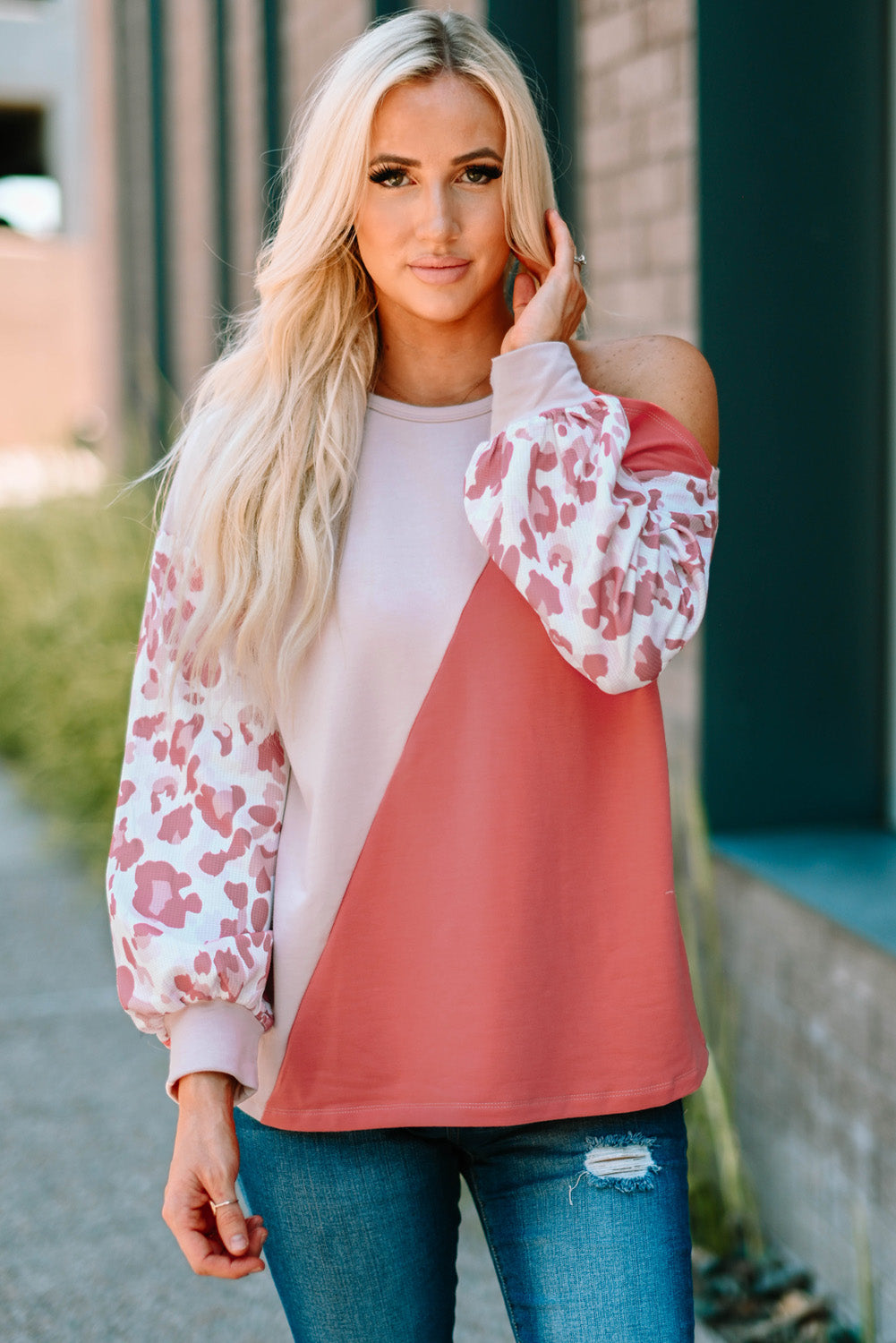 Leopard Color Block Cold-Shoulder Top