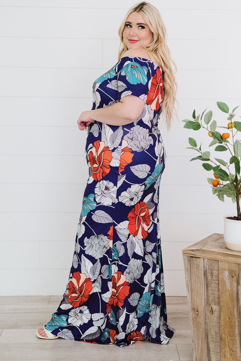 Plus Size Floral Off-Shoulder Short Sleeve Fishtail Dress