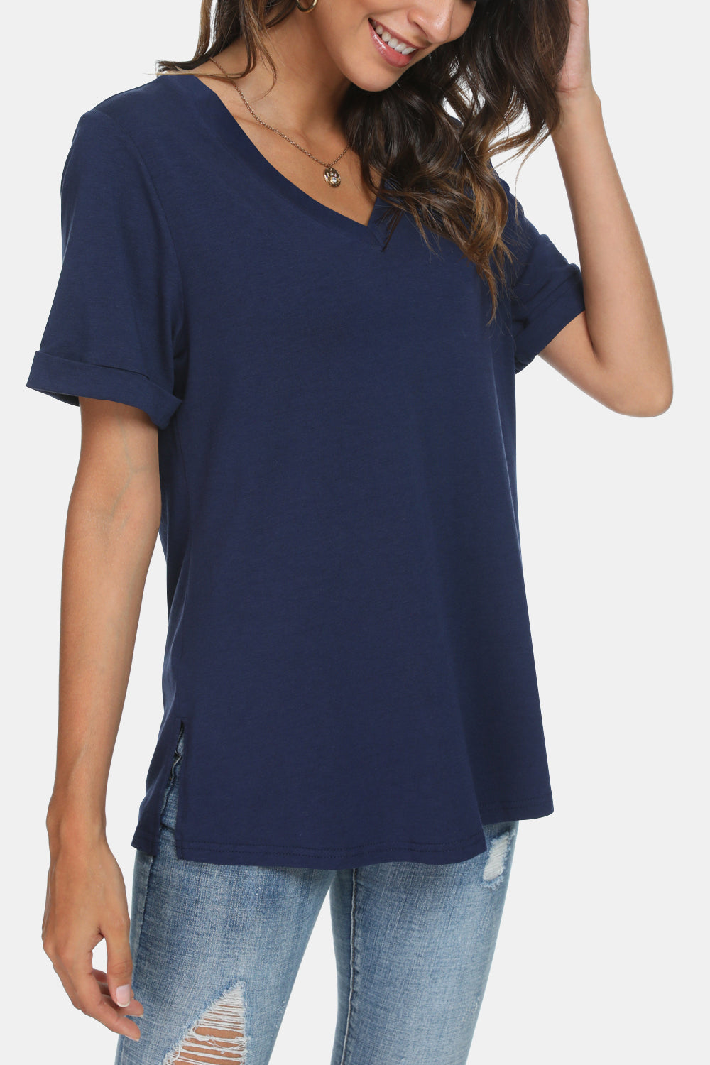 V-Neck Short Sleeve Slit T-Shirt