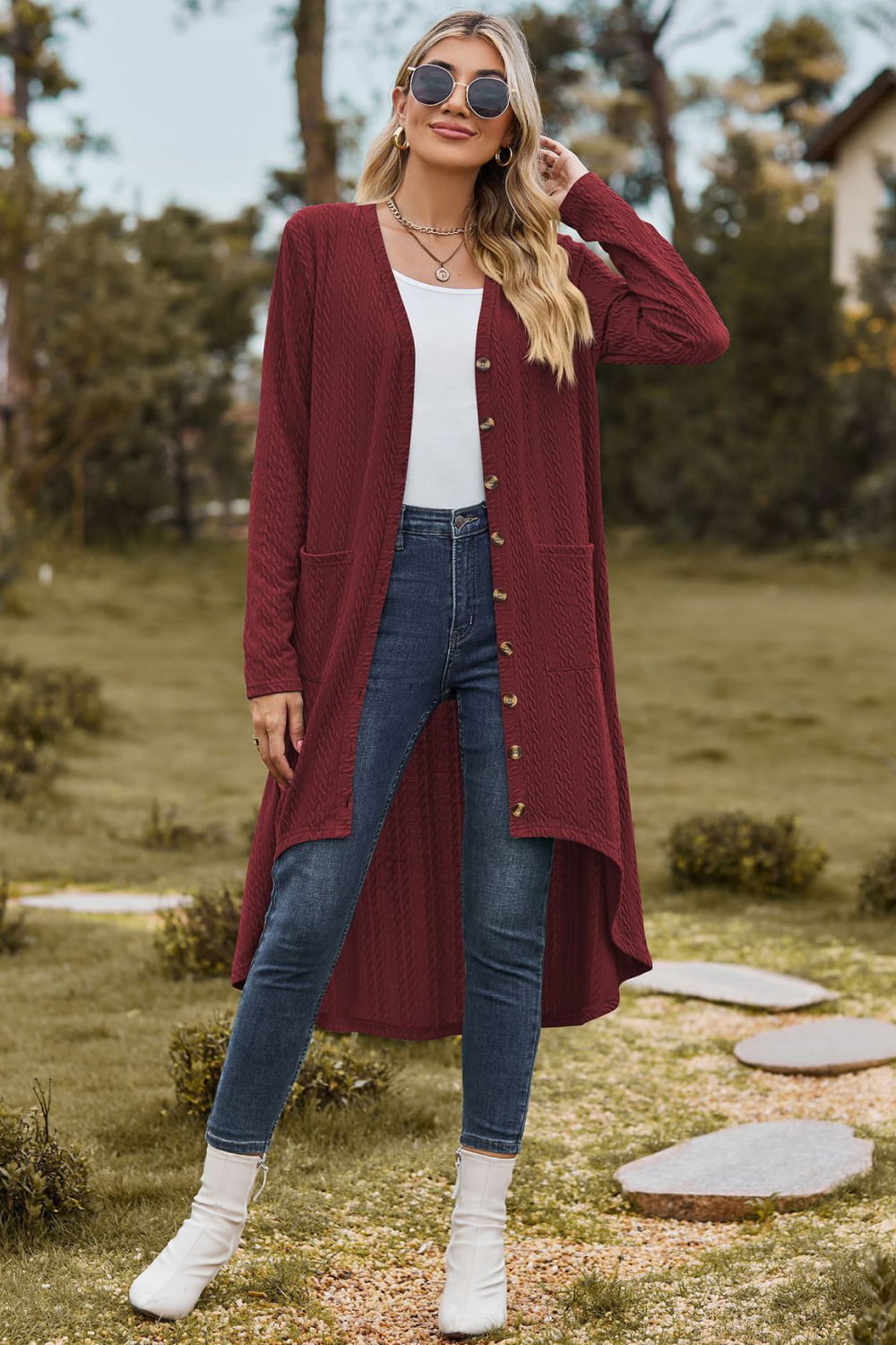 V-Neck Long Sleeve Cardigan with Pocket