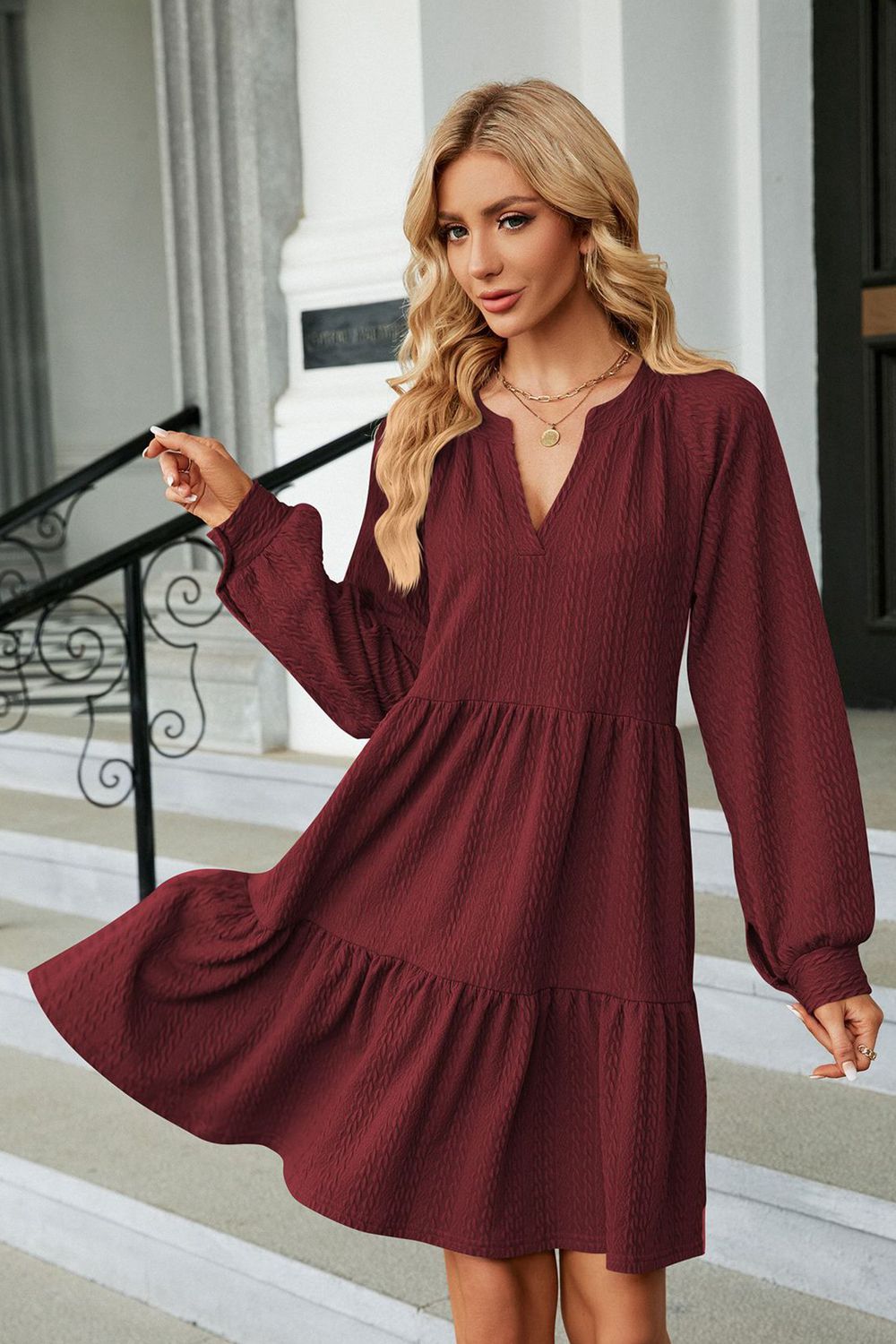 Notched Neck Long Sleeve Mini Dress