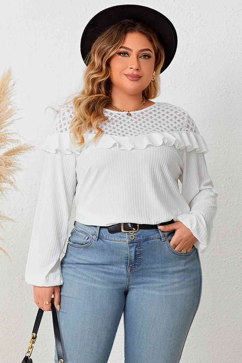 Plus Size Ruffled Round Neck Long Sleeve Blouse