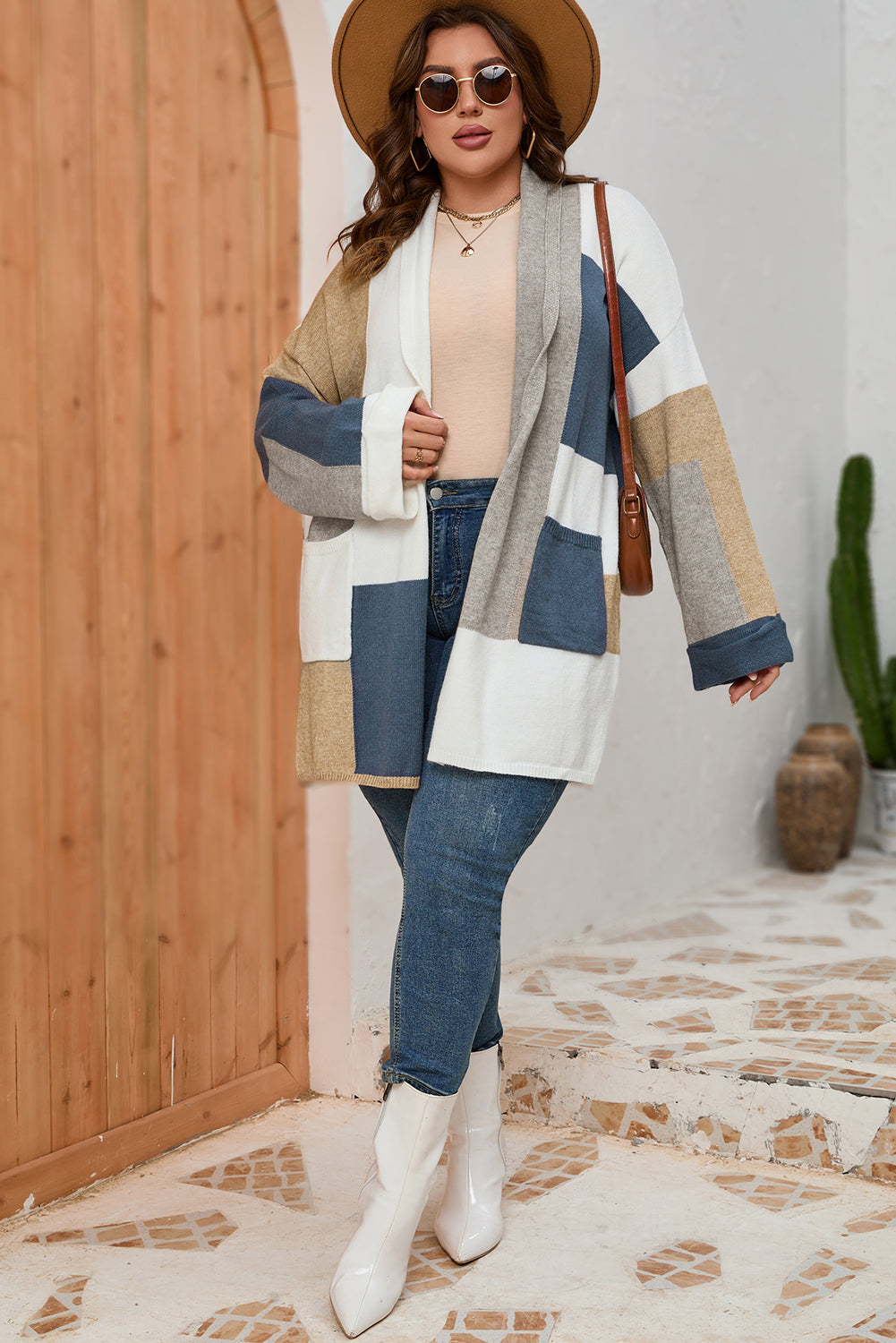 Plus Size Color Block Long Sleeve Cardigan