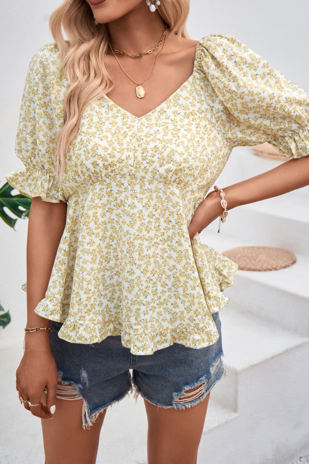 V-Neck Flounce Sleeve Blouse