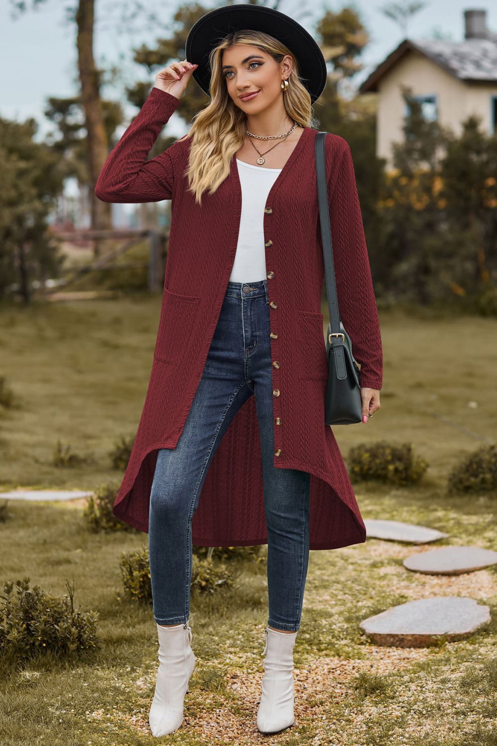 V-Neck Long Sleeve Cardigan with Pocket