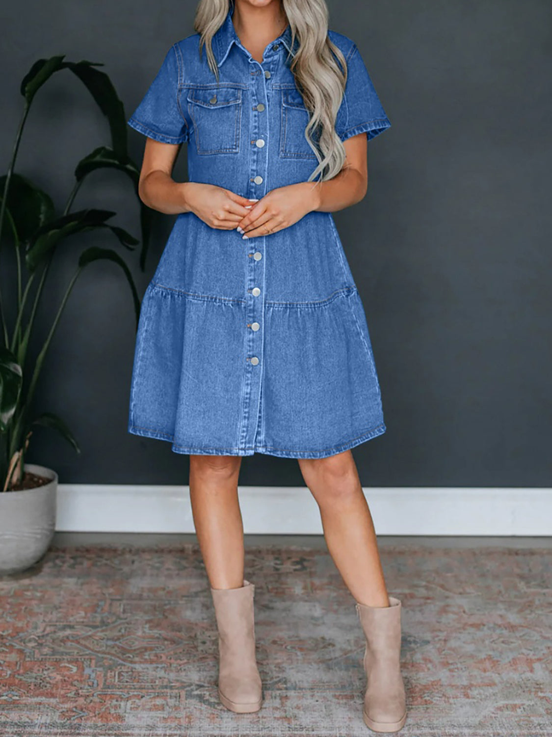 Button Up Short Sleeve Denim Dress