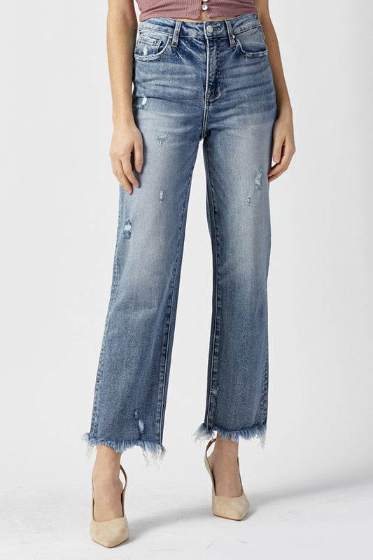 RISEN Amelie High Waist Raw Hem Straight Jeans