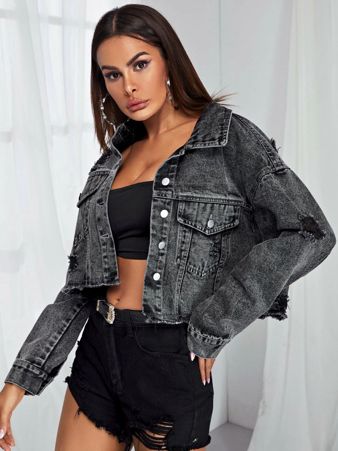 Dropped Shoulder Collared Neck Denim Jacket