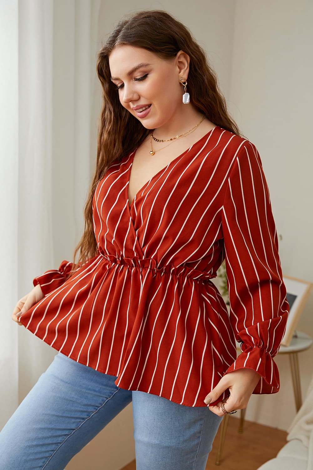 Plus Size V-Neck Frill Trim Blouse