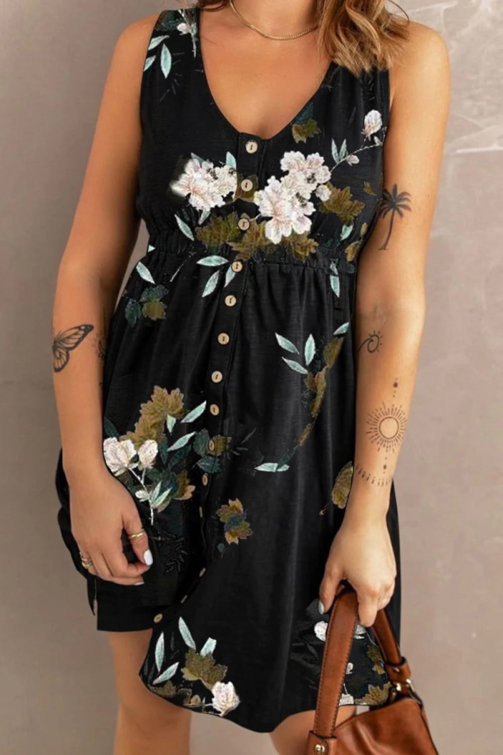 Printed Scoop Neck Sleeveless Buttoned Dress