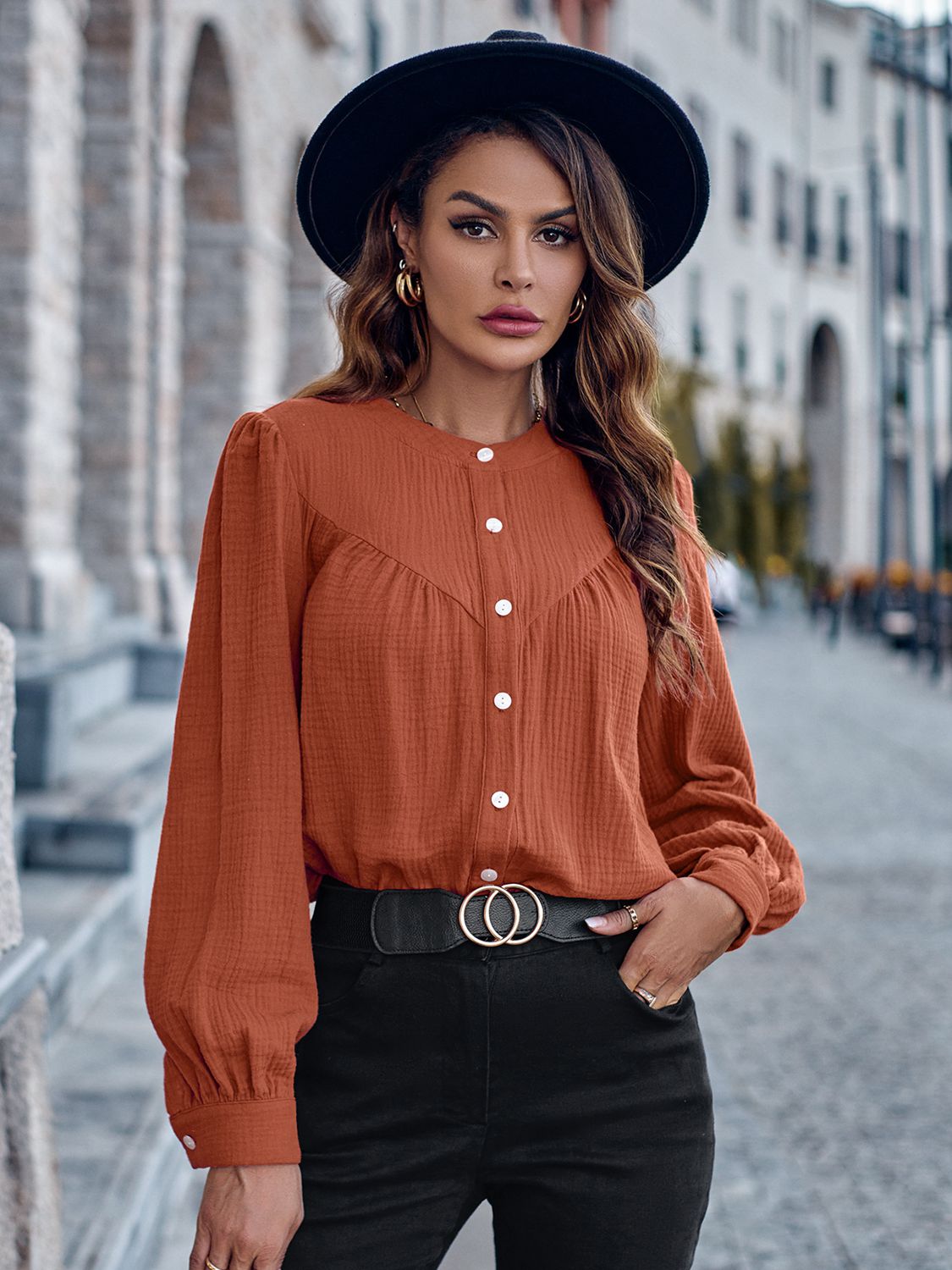 Round Neck Puff Sleeve Shirt