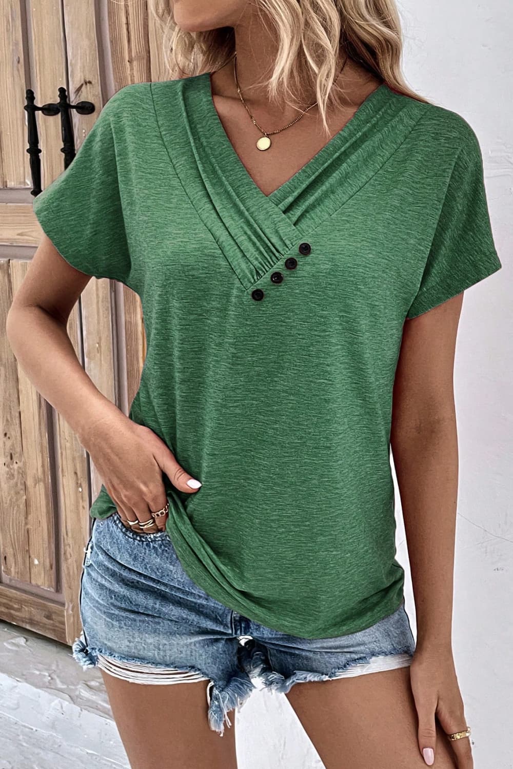 Decorative Button V-Neck Short Sleeve Tee