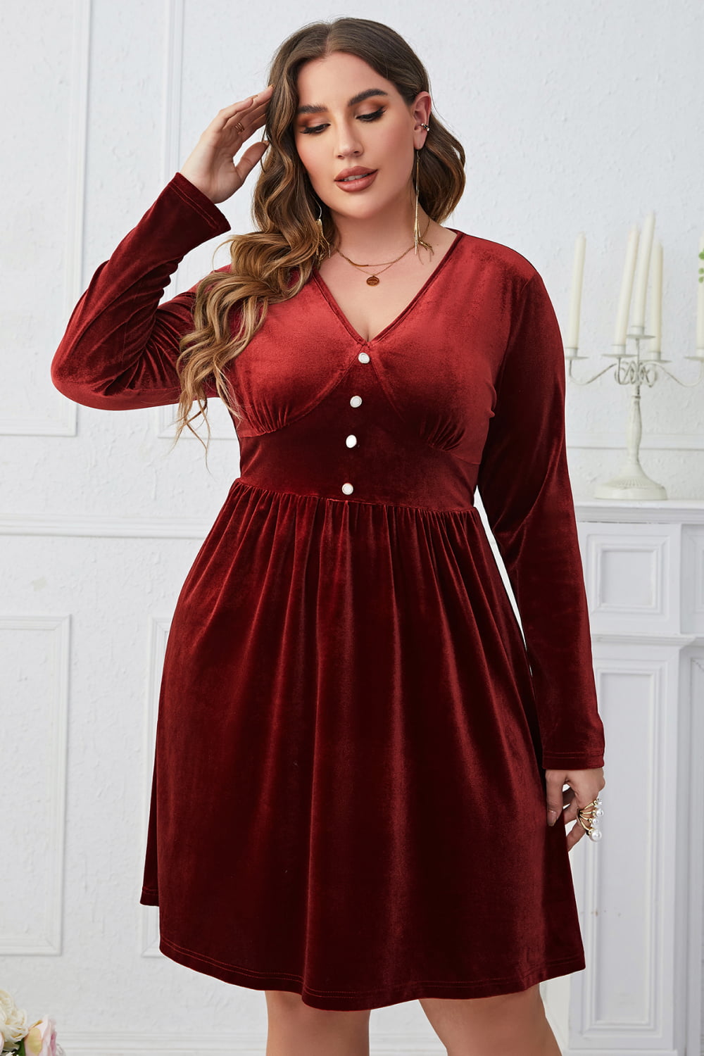 Plus Size V-Neck Decorative Button Knee Length Dress