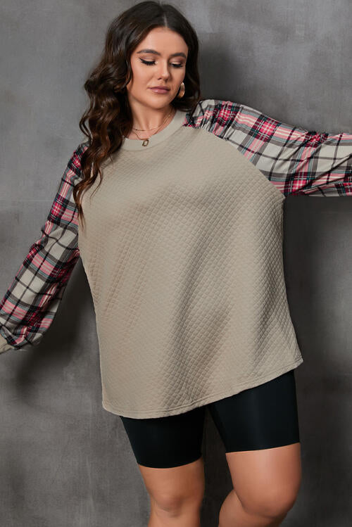 Plus Size Plaid Round Neck Long Sleeve Sweatshirt