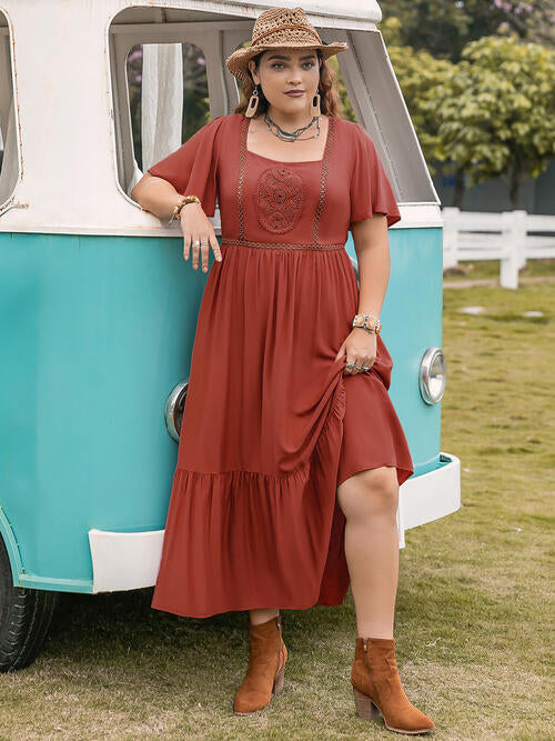 Plus Size Square Neck Short Sleeve Ruffle Hem Dress