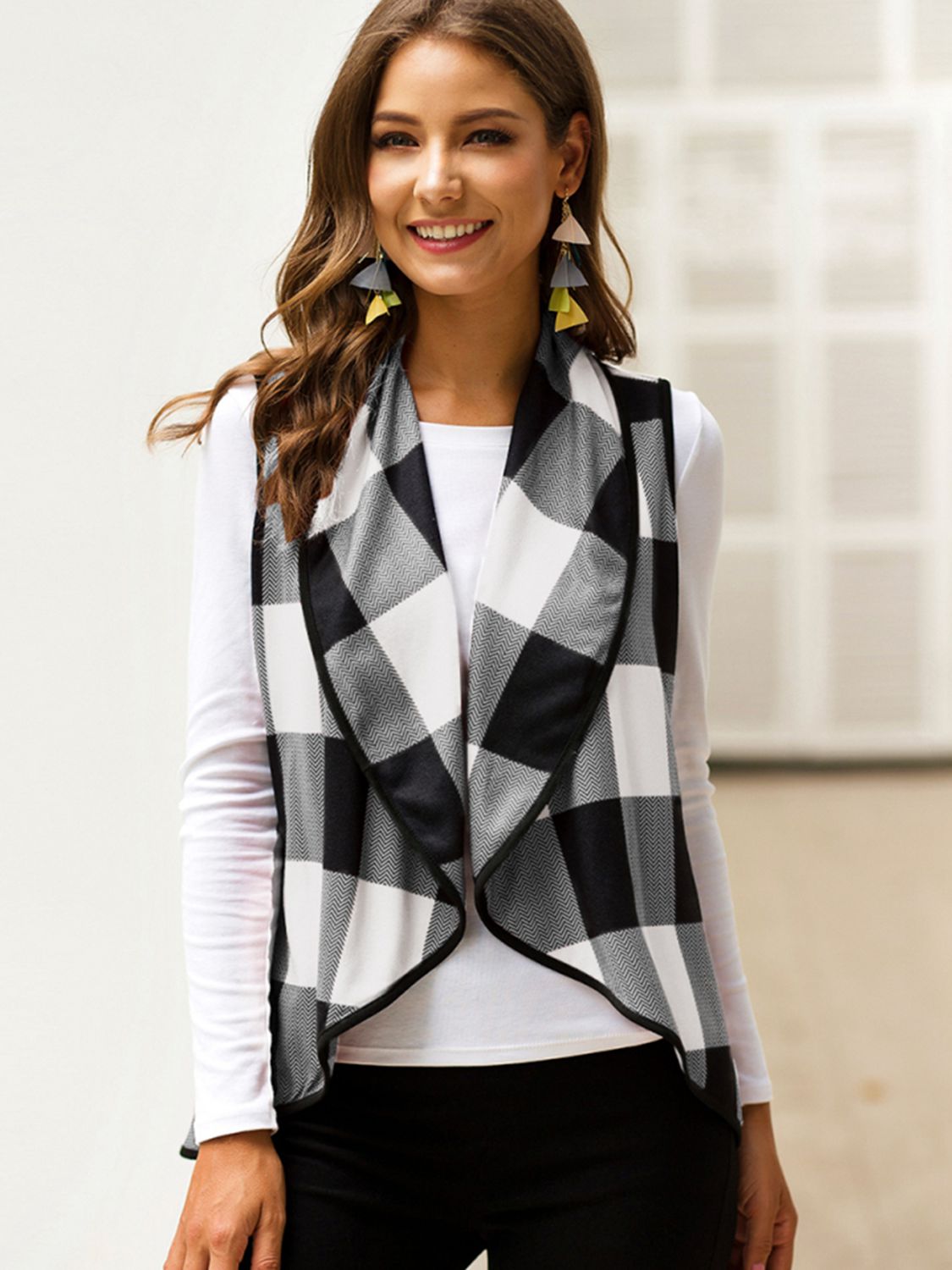 Plaid Open Front Sleeveless Cardigan