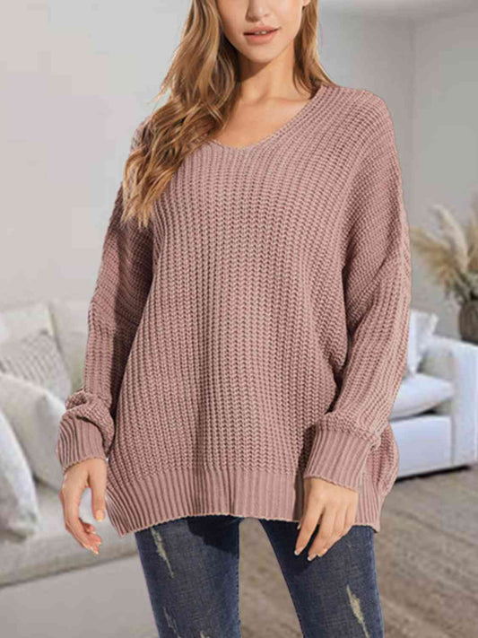 V-Neck Batwing Dropped Shoulder Sweater