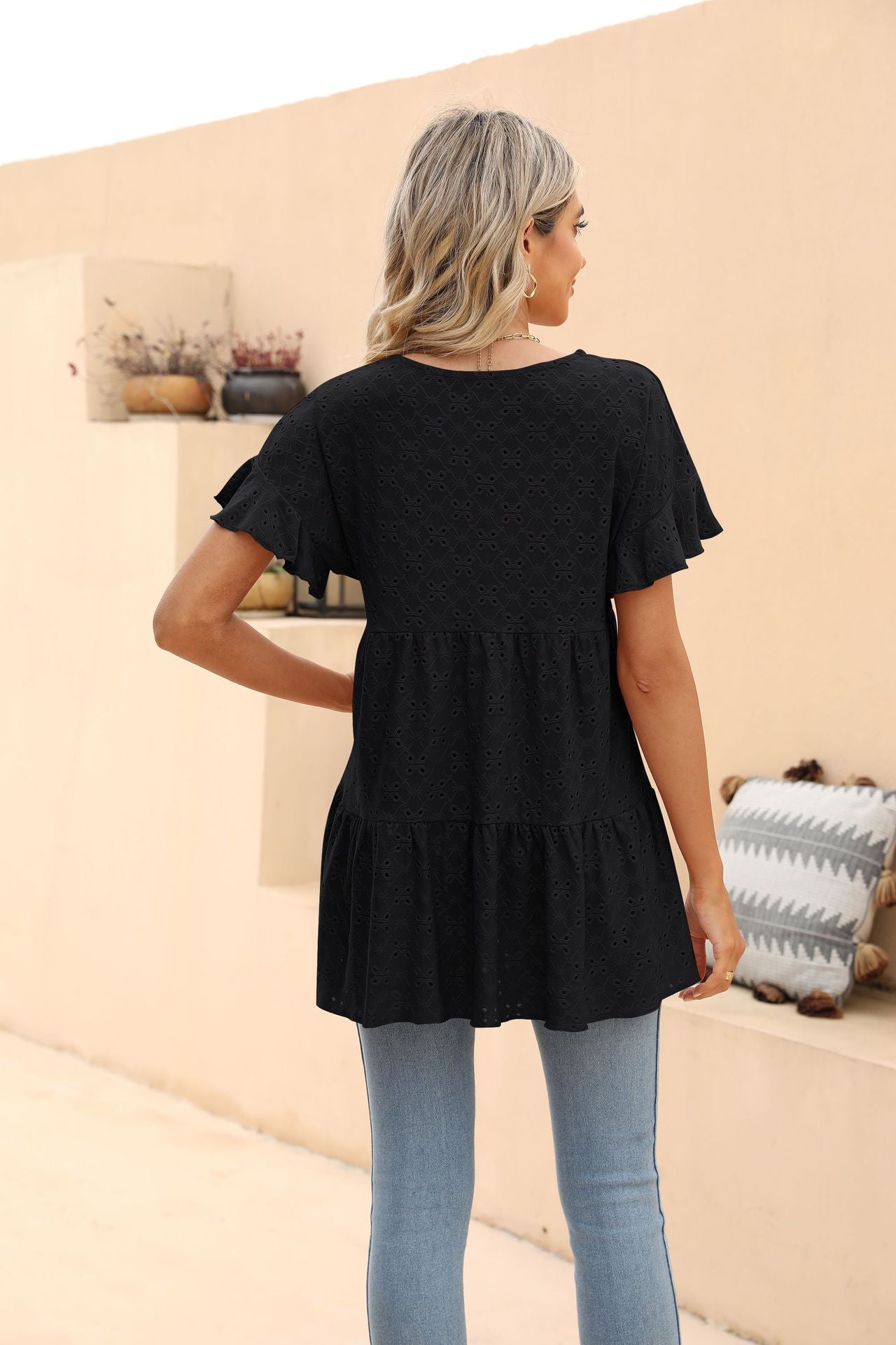 Openwork Round Neck Flounce Sleeve Blouse