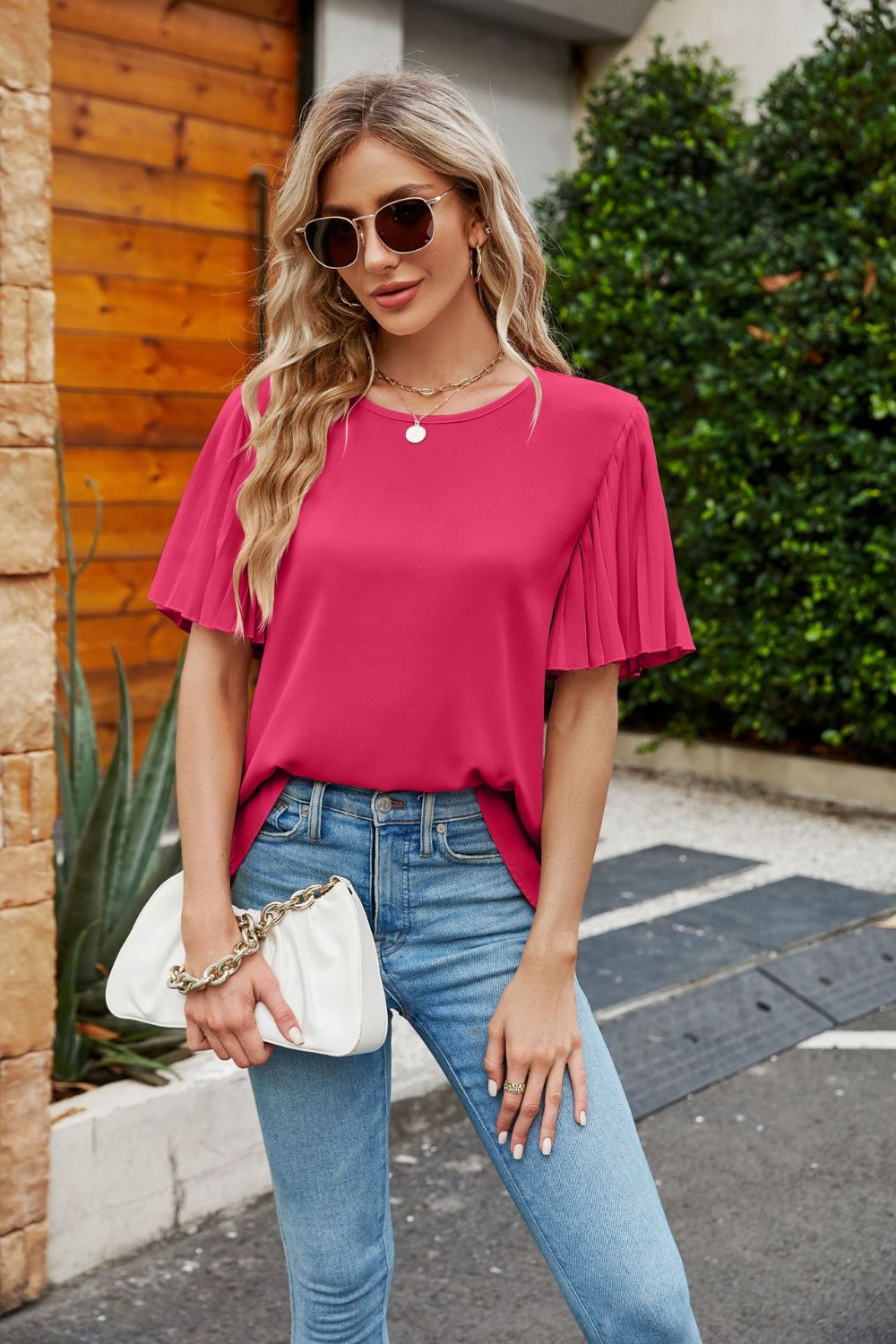 Pleated Flutter Sleeve Round Neck Blouse