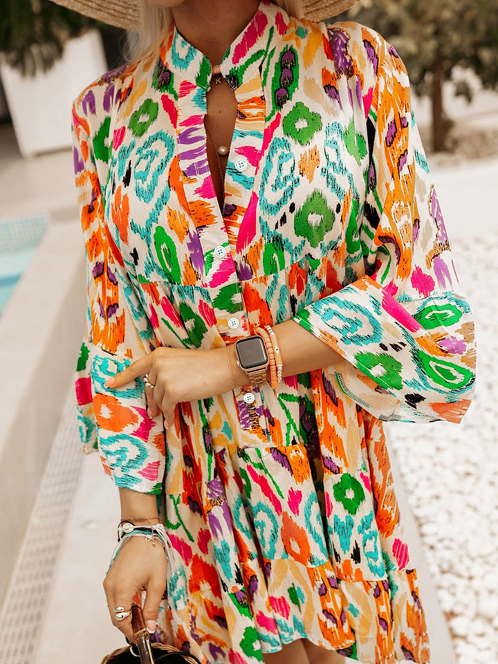 Printed Buttoned Long Sleeve Dress