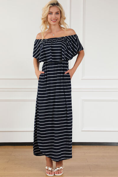 Striped Off-Shoulder Slit Dress