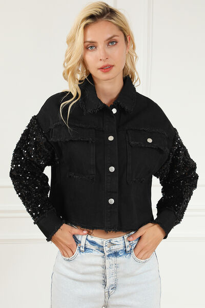 Sequin Button Up Raw Hem Denim Jacket