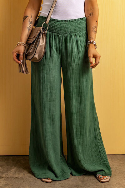 Textured Elastic Waist Wide Leg Pants