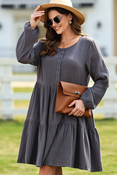 Plus Size Textured Balloon Sleeve Tiered Dress