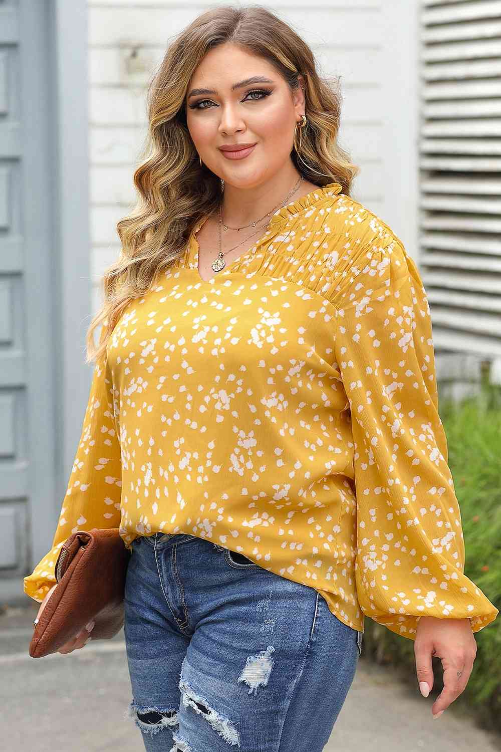 Plus Size Notched Neck Smocked Blouse