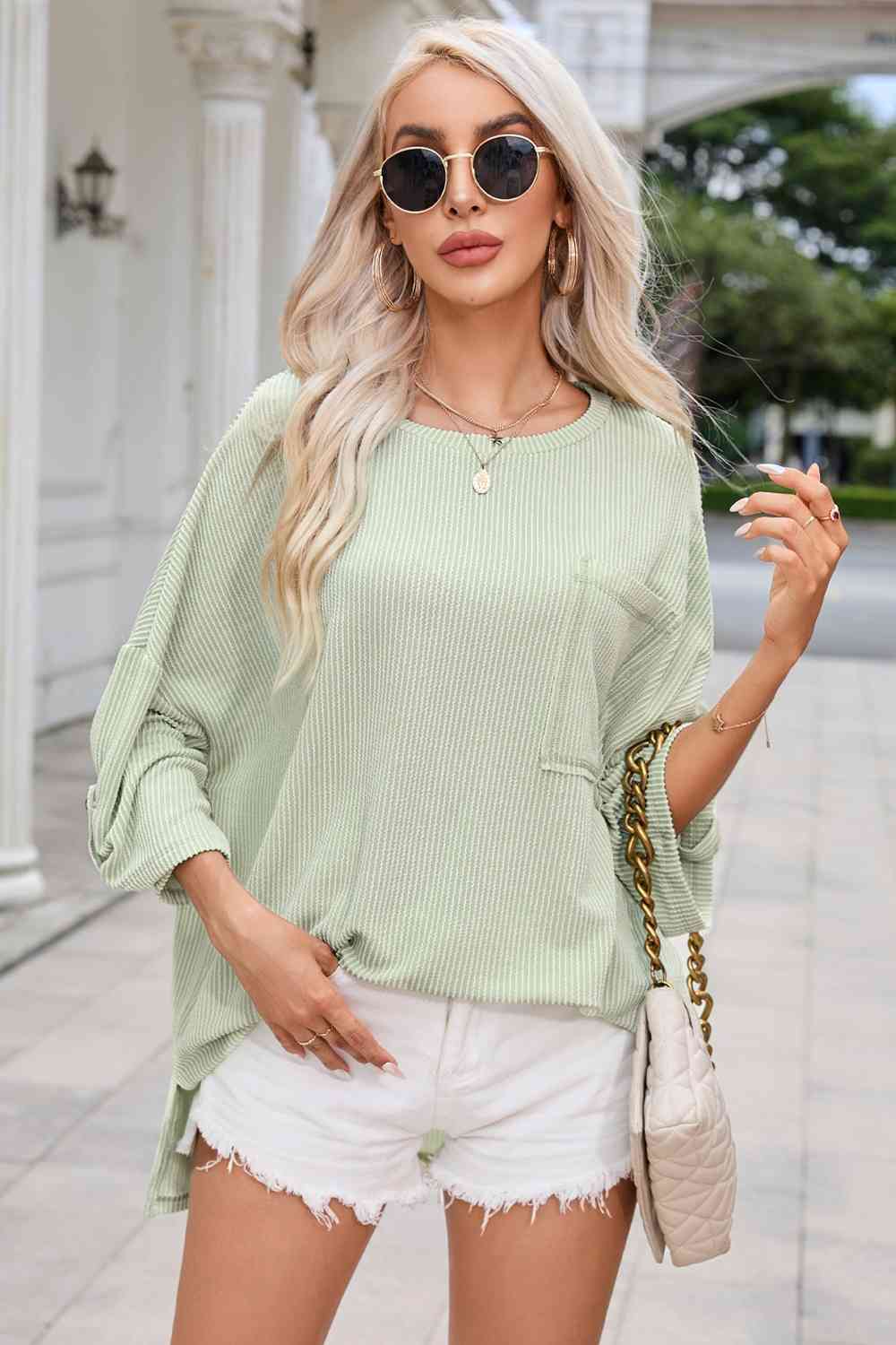 Round Neck Slit Roll-Tab Sleeve T-Shirt