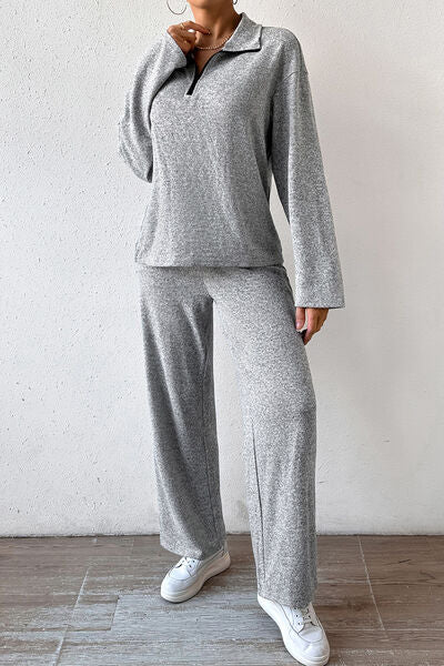 Quarter Zip Dropped Shoulder Top and Pants Set