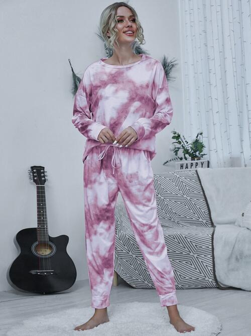 Tie-dye Round Neck Top and Drawstring Pants Lounge Set